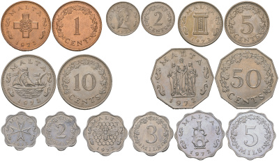 Мальта набор из 8 монет (1, 2, 5, 10 и 50 центов; 2, 3 и 5 милей) 1972  KM 5, 6, 7, 8, 9, 10, 11, 12   UNC  M76-05