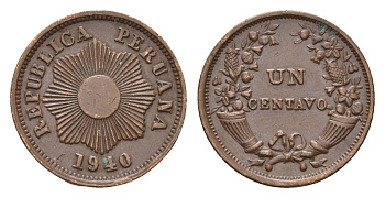 Перу 1 сентаво 1940 KM 208.2 бронза 4124-1243