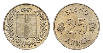 Исландия 25 эйре 1967 KM 11 медно-никель UNC 4690-643