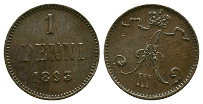 РОССИЯ ДЛЯ ФИНЛЯНДИИ 1 ПЕННИ 1893 АЛЕКСАНДР III KM 10, Биткин 256 медь 4383-441