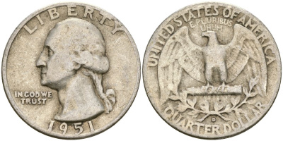 США 25 центов = квотер 1951 Вашингтон KM 164 серебро 4573-1225