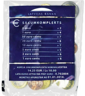 Латвия лот из 38 евромонет 2014 оригинальный набор банка Латвии, 14,23 евро = 10 латов    UNC  3-4-3-10
