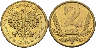 Польша 2 злотых 1985 MW, Народная Республика KM 80.1, Parchimowicz 217l латунь UNC 4580-757