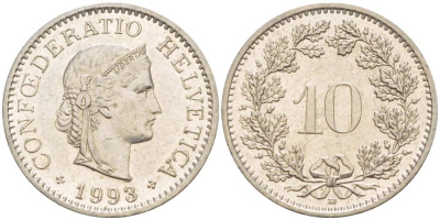ШВЕЙЦАРИЯ 10 РАППЕНОВ 1993 В KM 27 медно-никель 4529-755