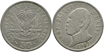 Гаити 50 сантимов 1907 Президент Пьер Нор Алексис KM 56 медно-никель 114-121