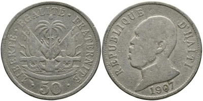 Гаити 50 сантимов 1907 Президент Пьер Нор Алексис KM 56 медно-никель 114-121