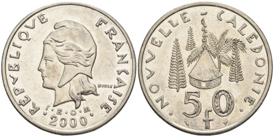 Французская Новая Каледония 50 франков 2000 хижина среди сосен и пальм, (IEOM) KM 13, Schoen 15, Lec 121 никель 4123-731