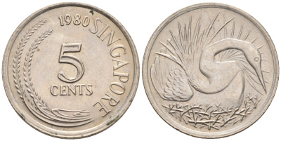 Сингапур 5 центов 1980 большая белая цапля KM 2 медно-никель UNC 4588-316