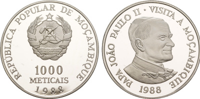 Мозамбик 1000 метикалей 1988 визит в Мозамбик папы Иоанна Павла II KM 109 a серебро  PROOF  1079-5-21