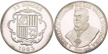 Андорра 25 динеров 1963 кардинал Хуан Батиста Бенльок-и-Виво (1864-1926), тираж 1350 экземпляров, с обозначением монетного двора под бюстом KM X 7, Bruce 7 серебро PROOF 4044-1134