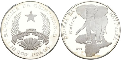 Гвинея-Бисау 10000 песо 1993 серия защита окружающей среды, слон KM 31 серебро PROOF 1087-8-31