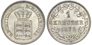 Вюртемберг 1 крейцер 1872 Карл I (1864-1891) KM 612, Jaeger 82, AKS 128 серебро  aUNC  413-6643
