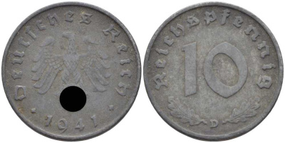 ГЕРМАНИЯ 10 РЕЙХСПФЕННИГОВ 1941 D KM 101, J. 371 цинк 4401-733
