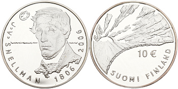 Финляндия 10 евро 2006 200 лет со дня рождения Йохана Снелльмана, философ KM 124 серебро PROOF 11-266-44