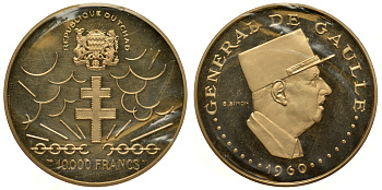 Чад 10000 франков 1960 Генерал Шарль де Голль, родная коробка, упаковка, сертификат KM 11 золото PROOF 00-000-00