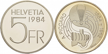 ШВЕЙЦАРИЯ 5 ФРАНКОВ 1984 100 ЛЕТ СО ДНЯ РОЖДЕНИЯ АВГУСТА ПИККАРДА KM 63 медно-никель PROOF 1087-3-34