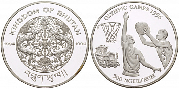 Бутан 300 нгултрумов 1994 XXVI летние Олимпийские Игры, Атланта 1996 - Баскетбол KM 73 серебро  PROOF 02-116-32