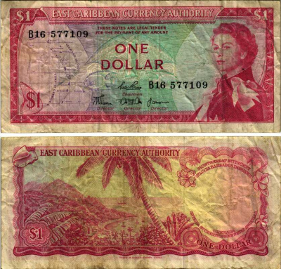 Восточно-Карибские штаты 1 доллар 1965 Британская администрация, серия В 16, подпись 4 Pick 13с бумага 7484-56-3