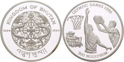 Бутан 300 нгултрумов 1994 XXVI летние Олимпийские Игры, Атланта 1996 - Баскетбол KM 73 серебро  PROOF 02-116-32