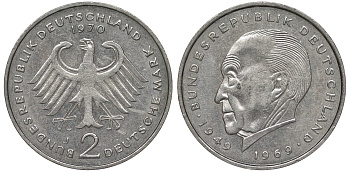 ФРГ 2 марки 1970 J, Конрад Аденауэр KM 124, J. 406 медно-никель плакированный никелем UNC 4681-1034