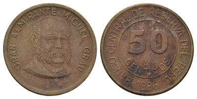 Перу 50 сентаво 1986 Мигель Грау Семинарио KM 295 латунь 4167-756