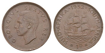 ЮАР 1 пенни 1952 Георг VI (1936-1952) KM 34.2 бронза 4645-911