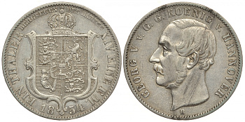 Брауншвейг-Каленберг-Ганновер 1 талер 1854 B, Георг V (1851-1866) КМ 220, Welter 3187, Thun 170, AKS 158, Jaeger 86, Kahnt 237, Davenport 678 серебро 650-1021