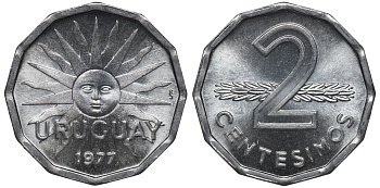 Уругвай 2 сентесимо 1977 KM 72 алюминий UNC M53-11