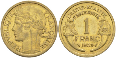 Франция 1 франк 1939 тип Морлон KM 885, LE FRANC 219.10 алюминиевая бронза 3853-157