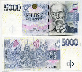 Чехия 5000 крон 2009 Томаш Гарриг Масарик Pick 27 бумага UNC (пресс) 451-207-3