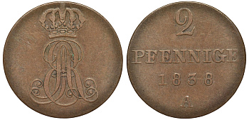 Ганновер 2 пфеннига 1838 A, Эрнст Август (1837-1851) KM 174.1, AKS 122, J. 55 медь 4681-1215