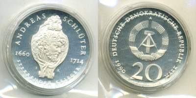 ГДР 20 марок 1990 A, 275 лет со дня рождения Андреаса Шлютера, тираж 3500 экз., в оригинальной запайке KM 138 серебро PROOF 5-3-1-159
