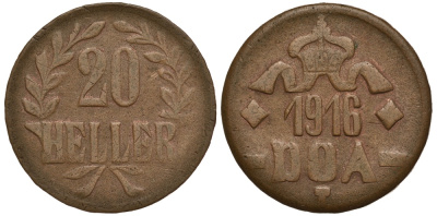 Немецкая Восточная Африка (Танзания) 20 геллеров 1916 T, Ost-Africa, малая корона, буквы LL острые, R Jaeger 727 a, KM 15, WK 27 b медь 5010-534