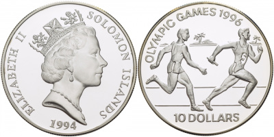 Соломоновы острова 10 долларов 1994 XXVI Олимпийские игры 1996 года в Атланте, бег, эстафета KM 53 серебро PROOF 04-313-21