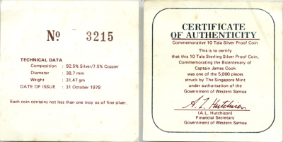 Самоа 10 тала 1979 200 лет открытиям капитана Кука, в оригинальной коробке, с сертификатом KM 33а серебро PROOF 3-4-3-29