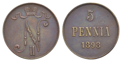 Россия для Финляндии 5 пенни 1898 Николай II (1894-1917) Биткин 443 медь 1520-1033