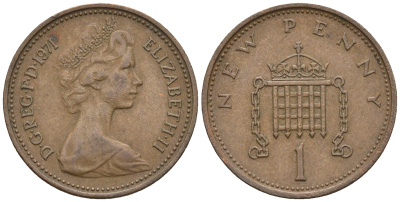 Великобритания 1 пенни 1971 Елизавета II (1952-2022) KM 915, Spink 4237 (B1) бронза 4609-459