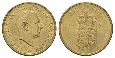 Дания 2 кроны 1951 N, Фредерик IX (1947-1972) KM 838 алюминиевая бронза aUNC 79-641