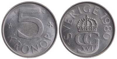 Швеция 5 крон 1980 U Карл XVI Густав (1973- ) KM 853 медно-никель UNC 4683-1022