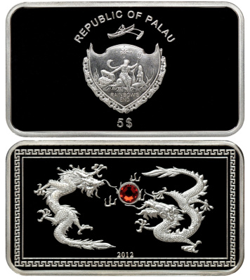 Палау 5 долларов 2012 год дракона, страз, оригинальная коробка серебро PROOF 2-4-2-22