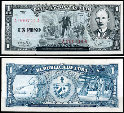 Куба 1 песо 1959 Хосе Марти, сбор сахарного тростника Pick 90 а  бумага  UNC (пресс) 451-969-1