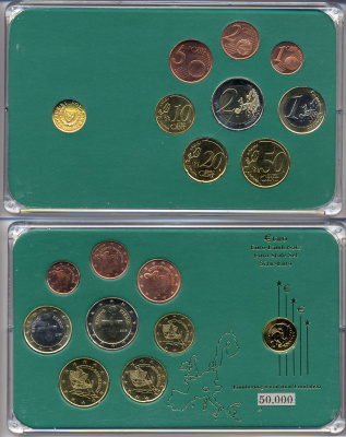 Кипр евронабор от 1 евроцента до 2 евро 2008 включает 1 милс 1998, планшет  биметалл, медно-никель  UNC  3-6-5-05