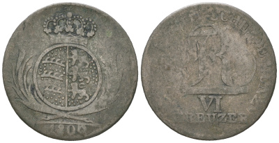 Вюртемберг 6 крейцеров 1806 Фридрих I (1806-1816) KM 495, AKS 49 серебро 54-847