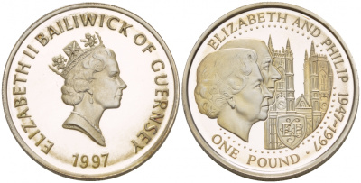 Гернси 1 фунт 1997 Елизавета и Филлип, золотая свадьба KM 70 серебро PROOF 1096-1-14
