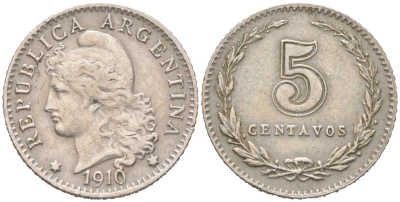 Аргентина 5 сентаво 1910 редкий год KM 34 медно-никель 4621-1035