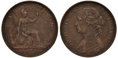 Великобритания 1 фартинг 1875 Виктория (1837-1901) KM 753, Spink 3958 бронза 1523-1231