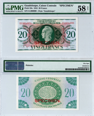 Гваделупа 20 франков 1944 SPECIMEN - образец в слабе PMG 58 (choice about Unc).Голова победы Pick 28 s   бумага  aUNC 452-3-29