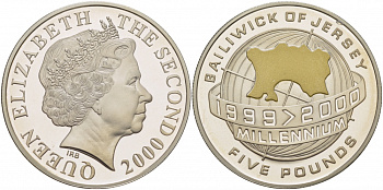 Джерси 5 фунтов 2000 миллениум, позолота KM 109 серебро PROOF 11-091-25