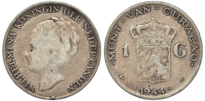 Нидерландское Кюрасао 1 гульден 1944 D, Вильгельмина (1890-1948) KM 45 серебро 36-456