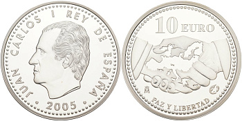 Испания 10 евро 2005 M, 60 лет миру и свободе в Европе KM 1065 серебро PROOF 01-345-35